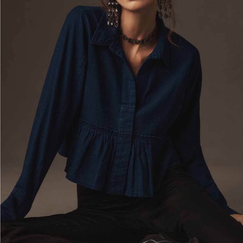 Pilcro Reworked Babydoll Blouse Chambray Jacket Lightweight Feminine - Picture 10 of 12